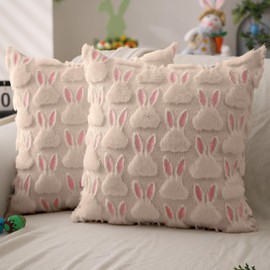 DFXSZ Easter Pillow Covers 18x18 inch Set of 2 Easter Decorations Pink Ears Beige Rabbit Soft Plush Faux Fur Jacquard Throw Pillows for Bedroom Sofa Holiday Festivals Home Decor FHJ-17C18