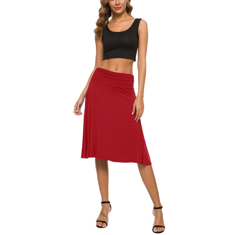 EXCHIC Women's Elastic Waist Plain A-Line Yoga Skirt - red,