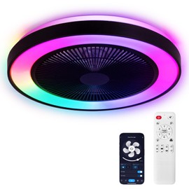 vookea 2-in-1 Low Profile Ceiling Fan with Light, 20” Caged Safety Design for Kids - RGB Color, Smart APP/Remote Control, Quiet Flush Mount DC Motor, Ideal for Bedroom/Living Room/Kitchen, Black