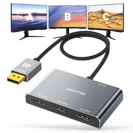 UANTIN DisplayPort Splitter for 3 Monitors Extended Display | 4K 60Hz Display Port 1 in 3 Out, DP to Three DP MST Hub Adapter for PC, NVIDIA, AMD