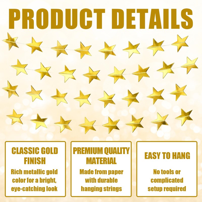 105 Feet Gold Star Garland, 8 Strands Glitter Stars Hanging