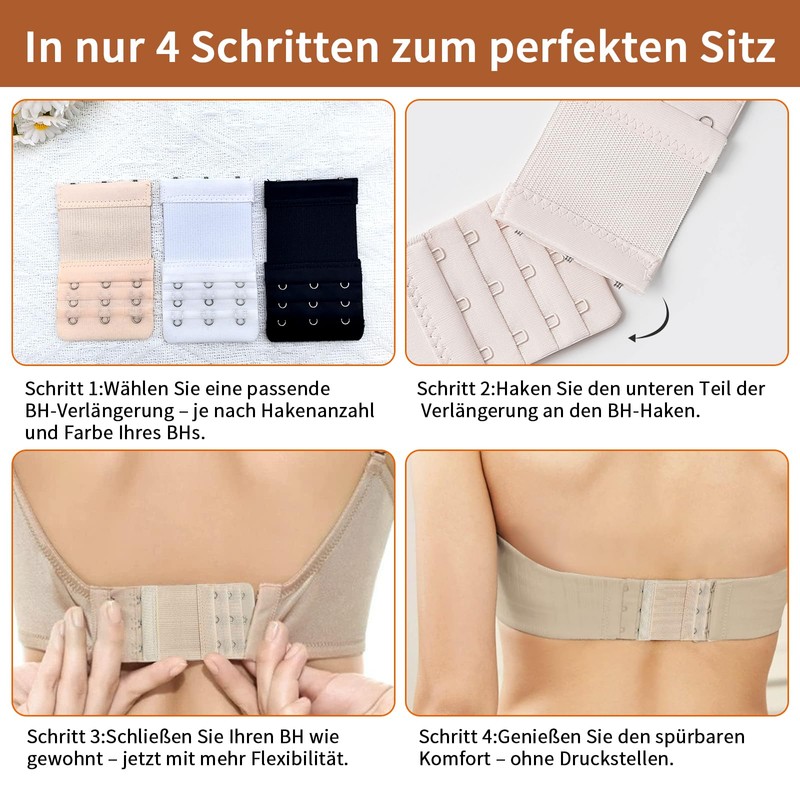 Lofez Bra Extender, Black, white, skin colour (3 hooks)