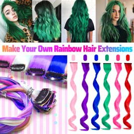 12 PCS Green Hair Extensions Clip in, Curly Wavy Colored Extension for Kids Girls - Party Highlights Synthetic Hairpiece 17 inch