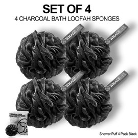 WhaleLife Shower Puff 4 Pack Black Bath Sponge Shower Loofahs Pouf Ball Nature Bamboo Charcoal Mesh Bulk Puffs Large, Shower Essential Skin Care by WhaleLife