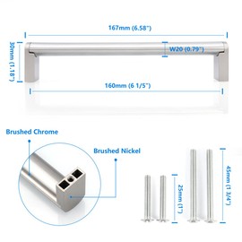 FULGENTE 10 Pack 6-1/5" (160mm) Kitchen Cabinet Handles and Pulls Brushed Nickel Stainless Steel Hardware Brushed Satin Nickel Handle for Bathroom Drawer Door Flat Sliver Cupboard Dresser Pull