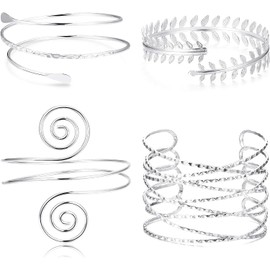 Diamday 4Pcs Upper Arm Cuff Bracelet Coil Open Arm Bracelet for Women Girls Adjustable Victorian Filigree Swirl Leaf Boho Armband Smooth Open Bangle Armlet Fashion Wrist Wrap Bracelets Silver