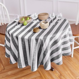 Solino Home Stripe Linen Round Tablecloth - 100% Pure Linen Black and White Tablecloth 70 Inch Diameter for Spring, Mothers Day, Easter Decorations - Handcrafted and Machine Washable - Cabana Stripe