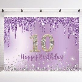 INRUI Purple Happy 10th Birthday Photography Background Girls Sweet Ten Years Old Birthday Party Decorations Backdrop 7x5FT
