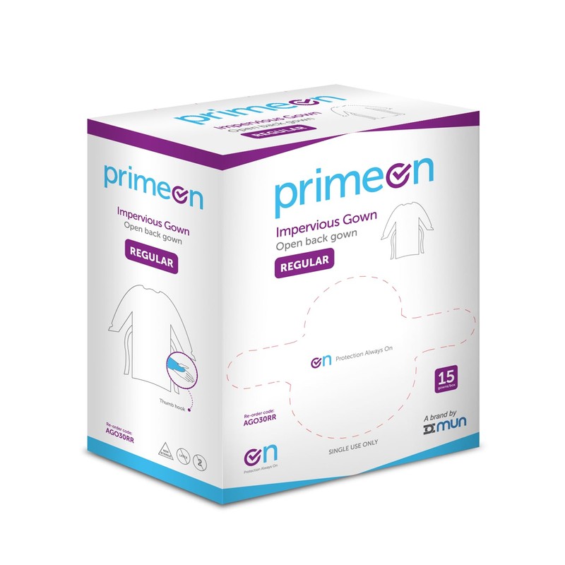 PrimeOn Impervious Medical Gown with Thumb Loops, Regular, Pack of