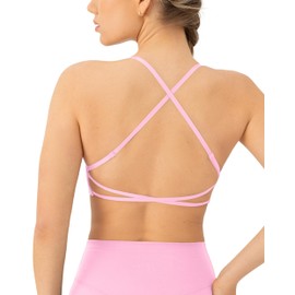 PAVOI ACTIVE Open Back Strappy Yoga Workout Bras for Women - Low Support Criss-Cross Sports Gym Bra Removable Pads - FlexFlow, Large, Bubblegum