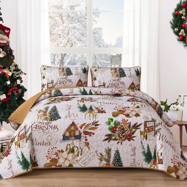 Dobuyly King Size Christmas Quilt Set, Brown Xmas Tree Reindeer