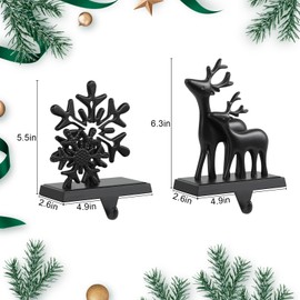 Christmas Stocking Holders for Mantle Set of 2, Anti-Slip Retro Black Bronze Christmas Reindeer and Snowflake Stocking Hangers, Metal Stocking Holder for Christmas Fireplace Mantel Decorations
