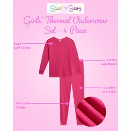 Sweet & Sassy Girls' Thermal Underwear - 4 Piece Waffle Knit Top and Long Johns (Toddler/Girl), Size 3T, Hot Pink/Charcoal