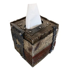 Top Brass Decorative Red White & Blue Rustic Square Tissue Box Cover - Cross, Western Star, Weathered Wood and Metal Look