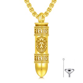 SIMONLY Gold Plated Bullet Urn Necklaces for Ashes 925 Sterling Silver Lion Necklace Viking Rune Warrior Leo Necklace Cremation Jewelry Christmas Birthday Gifts for Men Women Unisex