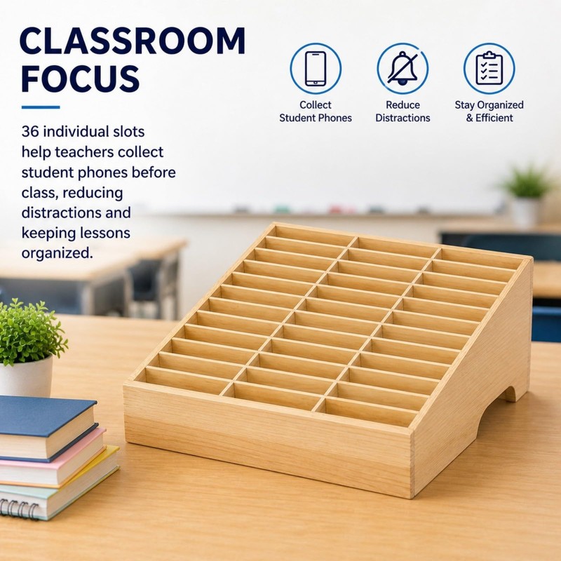 XICHENGSHIDAI 36-Slot Classroom Cell Phone Holder, Wooden Organizer
