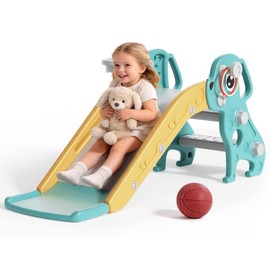 BIERUM 4 in 1 Toddler Slide, Kids Slide for Indoor Outdoor Playground, Slides with Basketball Hoop & Ring Toss, Puppy Shaped Playset for Toddlers Age 1-3, Green Yellow