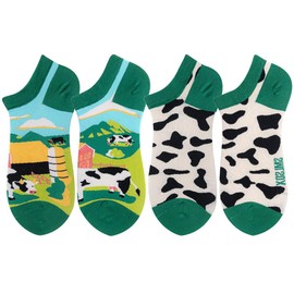 Angelteers 2 Pairs Funny Cartoon Animal Print Cotton Ankle Socks for Women Teens (US, Alpha, One Size, Regular, Regular, Cow)