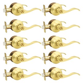 GOBEKOR Gold Door Handle Wave Privacy Door Lever Brushed Gold Door Handles Interior with Lock for Bedroom Bathroom Reversilble for Left/Right-Handed Doors, Satin Brass(10 Pack)