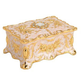 Vintage Metal Jewelry Box Small Trinket Jewelry Storage Box, Vintage Rectangle Trinket Jewelry Box Treasure Chest Box Jewelry Decorative Box Women Girls (Gold White)