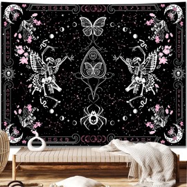 KJHL Skull Butterfly Floral Tapestry Black and White Gothic Skeleton Tapestry Wall Hanging Decor Pink Constellation Witchy Tapestries Aesthetic for Bedroom Living Room(59ʺ x 79ʺ)