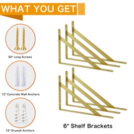 EZYDECOR Shelf Brackets Gold Brackets for Shelves 12 Inch Metal Wall Mounted Shelf Support Triangle Brackets for Floating Shelving with Screws (6 Pack)