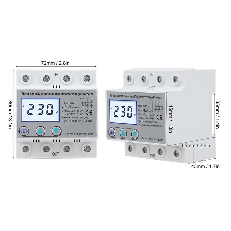 Adjustable Voltage Protector 3-Phase LCD Multifunctional Self-Resetting STVP-932 230v 400VAC(80A