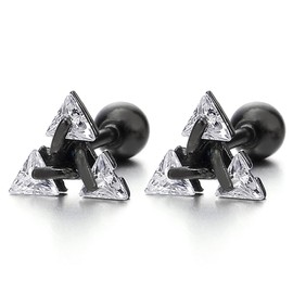 Black Stainless Steel Triangle Cubic Zirconia Stud Earrings for Men Women, Screw Back Post, 2pcs