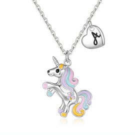 POSHJEW Unicorns Gifts for Girls,Silver Unicorn Necklace for Girls Initial Necklace for Girls Letter A Heart Pendant Unicorn Necklace for Little Girls Jewelry Unicorn Initial Necklace for Girls Gifts