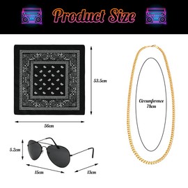 Aomig Punk Gothic Rocker Kit,Heavy Metal Rock für 70er 80er 90er Jahre Outfit Damen Herren, 4 Stück Hip Hop Disco Kostüm Accessoires:Sonnenbrille,Goldketten, 2 x Bandanas, Rock Frauen Rapper Zubehör