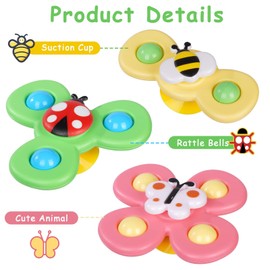 Ainiv 3PCS Suction Cup Spinner Toy for Baby, Spinners for 2 Year Old Boy Girl, Plane Travel Toddler Sensory Toys, Suction Fidget Spinner for Baby Bath, Spinning Toys for Toddlers 1-3 Year Old