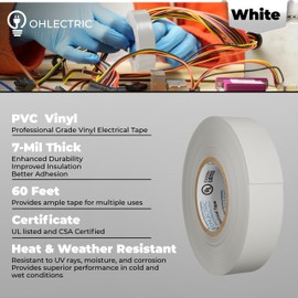 OhLectric Professional Grade Vinyl Electrical Tape - 7Mm Thick - Flame-Retardant - Heat & Weather Resistant - 3/4"x 60' - Rated Up to 600V - White - OL-38394