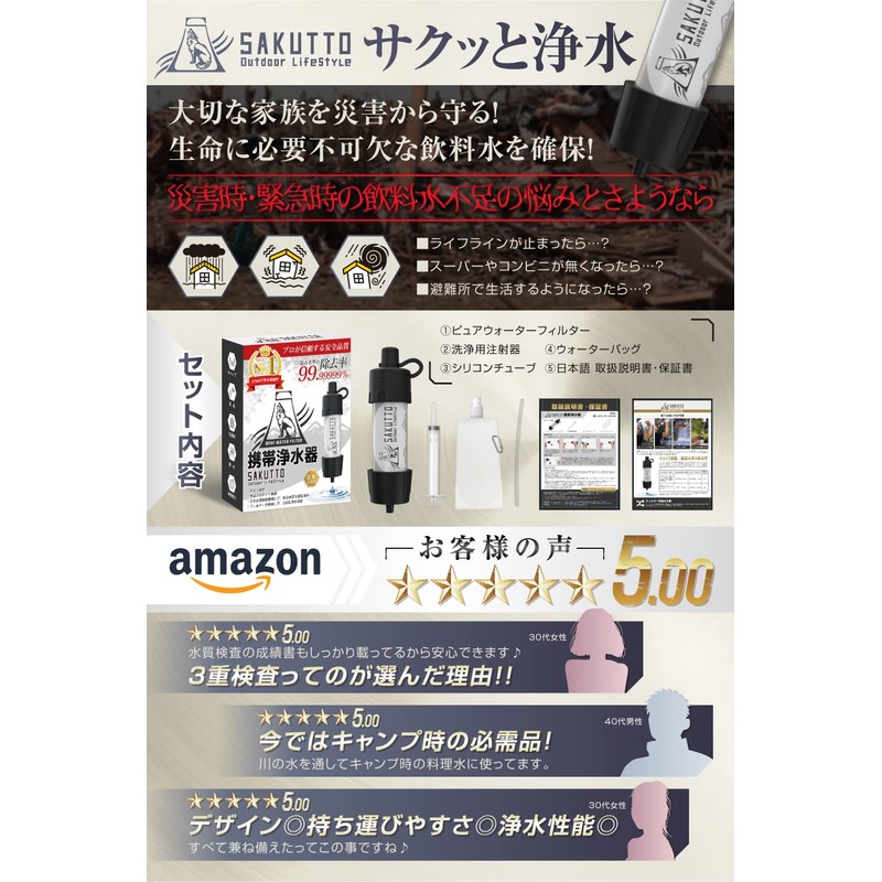 SAKUTTO Portable Water Purifier, Water Purifier, Filter, Outdoor, Disaster, Set