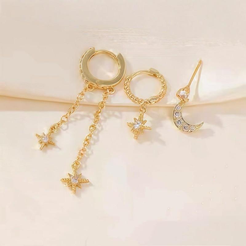 Gold Huggie Hoop Earrings Set with Crystal Moon and Star