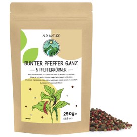 Alpi Nature Colourful Pepper, Whole with Allspice, 250 g, 5 Peppercorns, Spice Mix of Black Pepper, White Pepper, Green Pepper, Pink Pepper and Allspice Grains, Colourful Peppercorns