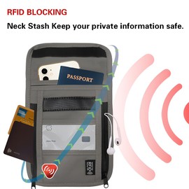 Maiiu Travel Neck Wallet with RFID Blocking – Passport Holder Organizer Neck Pouch – Portable Easy to Conceal Travel Pouch (PVC Gray)