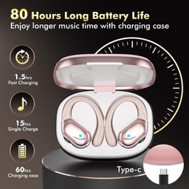 Rose Gold Bluetooth Wireless Earbuds, 2025 Latest Bluetooth Earphones, Bluetooth 5.3, ENC Noise Cancellation, Up to 80 Hours Playback, IPX7 Waterproof, Ear Hook Design, Automatic Pairing, LED Display, Suitable for Sports, Music, Web Conferences, Work or 
