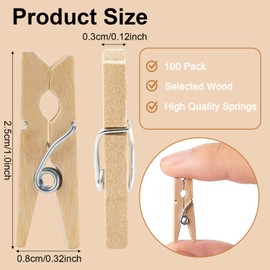 100 Pieces Mini Wooden Pegs, Pegs with Spring Construction, Mini Wooden Clothe Clips Peg Strong Non Slip Grip Washing Pegs for Photo Wall, Postcards, Letters, Home, Arts, Crafts Decoration.