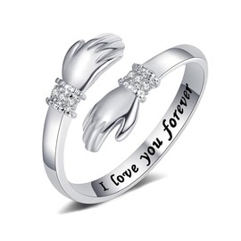 Yifnny Hug Ring, Engagement Ring, Engraved Words, Hug Hands, Open Ring, Adjustable Ring, Mother Gift for Men and Women, Jewellery, Metal, Cubic zirconia