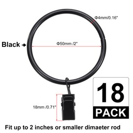 sourcing map 18 Pack Curtain Rings with Clips, 2" Interior Diameter Curtain Clip Rings Hooks for Hanging Drapery Vintage Decorative Rustproof Drapery Ring with Hooks, Black