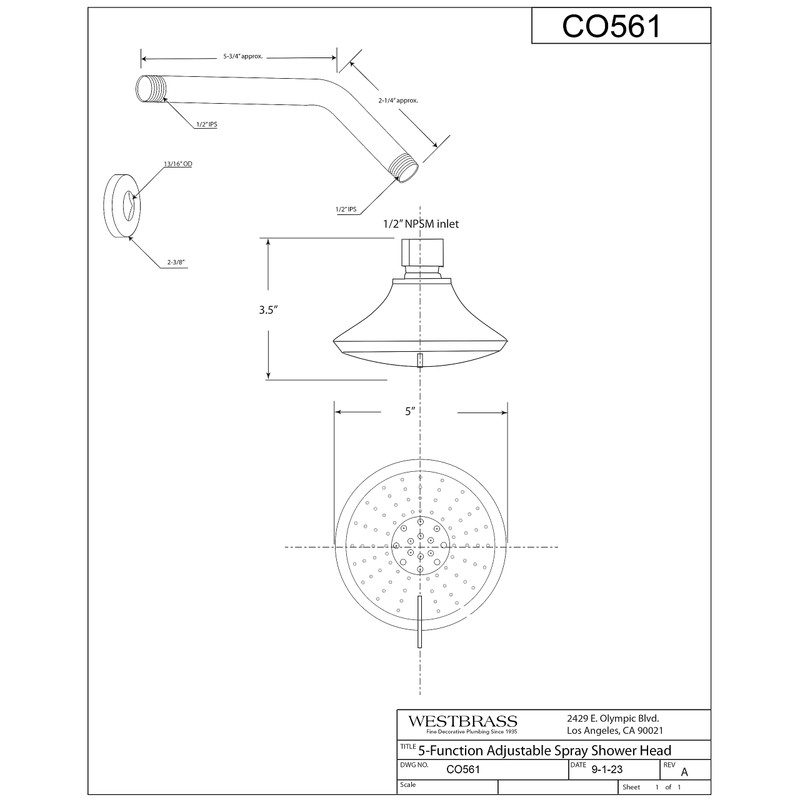 Westbrass CO561-07 5" Round Thin 5-Function Adjustable Spray Shower Head