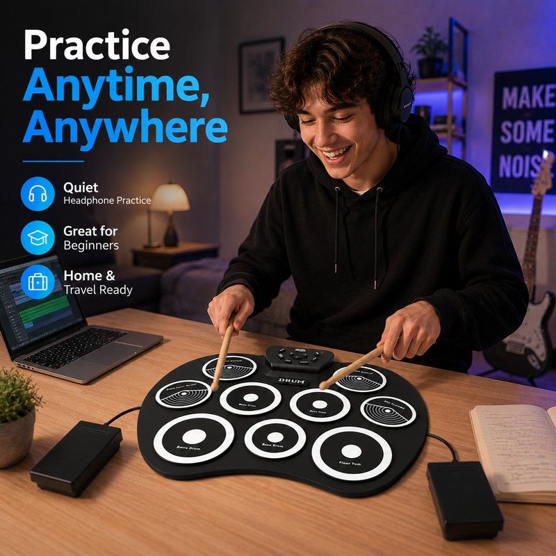 Portable Electronic Drum Set for Beginners – 9-Pad Roll-Up MIDI