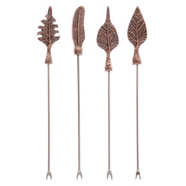 Karma, 4 PCS Cocktail Picks for Drinks, Reusable Cocktail Skewers, Garnish Picks, 4-Inch Cocktail Toothpicks, Handblown Glass Olive Picks, Copper Foliage