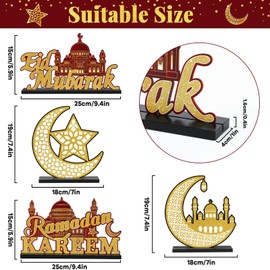 Wiooffen 4Pcs Ramadan Mubarak Table Centerpiece Decorations Eid Mubarak Wooden Table Signs Ramadan Kareem Tabletop Set Eid Al Fitr Moon Star Wood Table Decor for Home Kitchen Party(Red Gold)