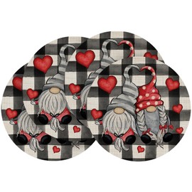 Artoid Mode Gnomes Vinyl Round Valentine's Day Placemats Set of 4, 15 Inch Wipeable Non-Slip PVC Place Mats for Party Kitchen Dining Decor