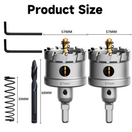 METOTY 2 x 57 mm hole saw metal, carbide hole saw, carbide drill, with an additional nitrided step guide drill and L-wrench, for steel, iron, aluminium, metal