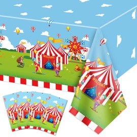 QUERICKY 4 Pack Circus Theme Tablecloths, 51x87'' Carnival Plastic Disposable Rectangle Table Cover, Red and White Striped Table Cloth for Kids Birthday Party, Carnival Party Supplies