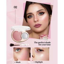 Blush and Highlighter Palette,2 in 1 Nude Pink Blusher Pearl Shimmer Highlighter,Matte Blusher and Bronzer for Face Cheeks,Longlasting Waterproof Facial Makeup Set with Brush,Makeup Gift for Women-02