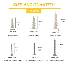 Kevinrooty 3 Sizes Self Drilling Drywall Anchors, 166PCS Nylon Plastic Wall Anchors and Screws for Drywall, No Pre Drill Hole Preparation Required,13x32mm,15x33mm,13x42mm