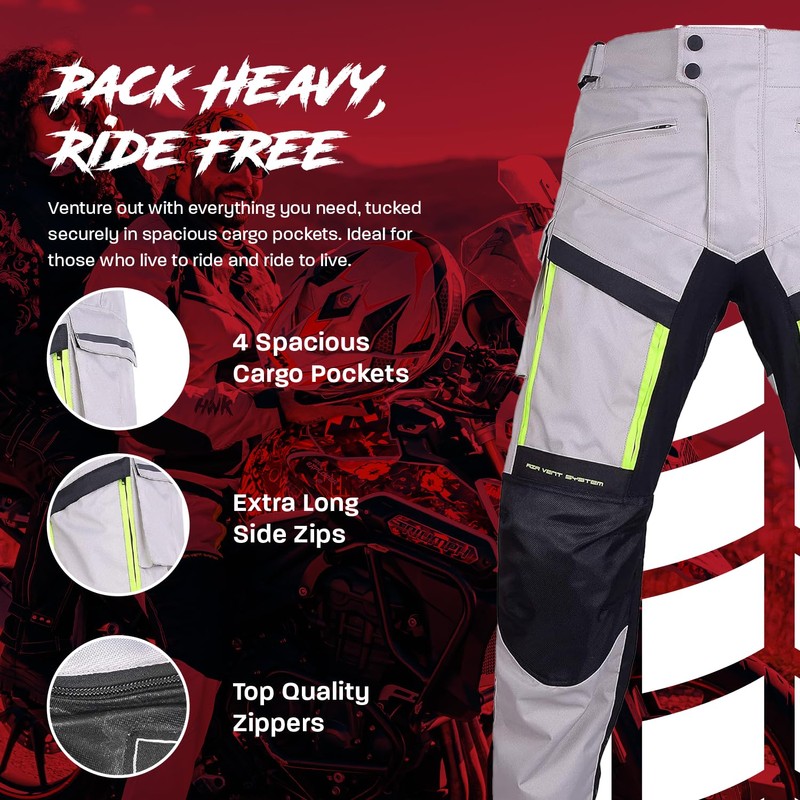 HWK Waterproof Motorcycle Cargo Pants, Durable Motorcycle Riding Pants with